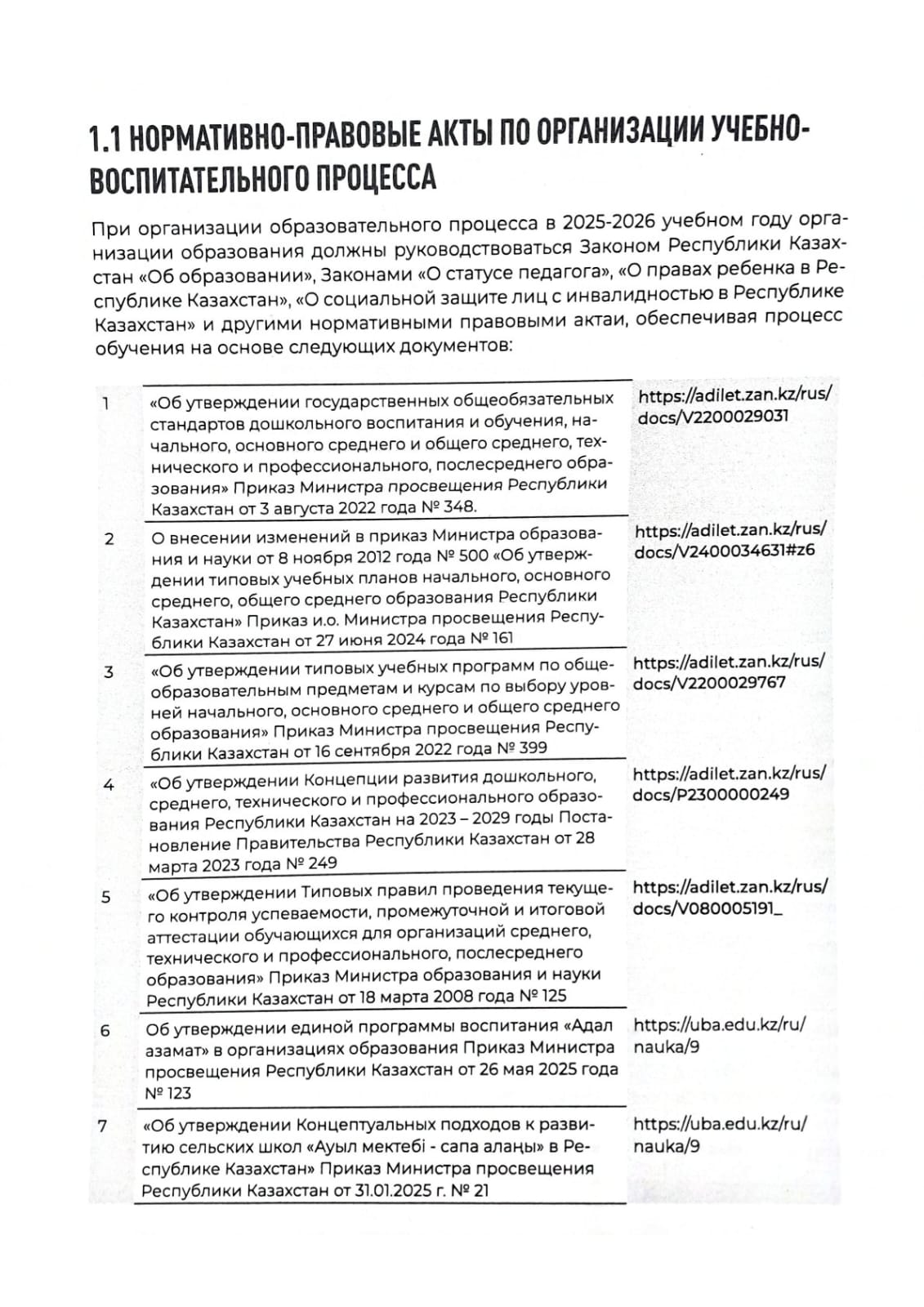 НОРМАТИВНО-ПРАВОВЫЕ АКТЫ ПО ОРГАНИЗАЦИИ УЧЕБНО-ВОСПИТАТЕЛЬНОГО ПРОЦЕССА