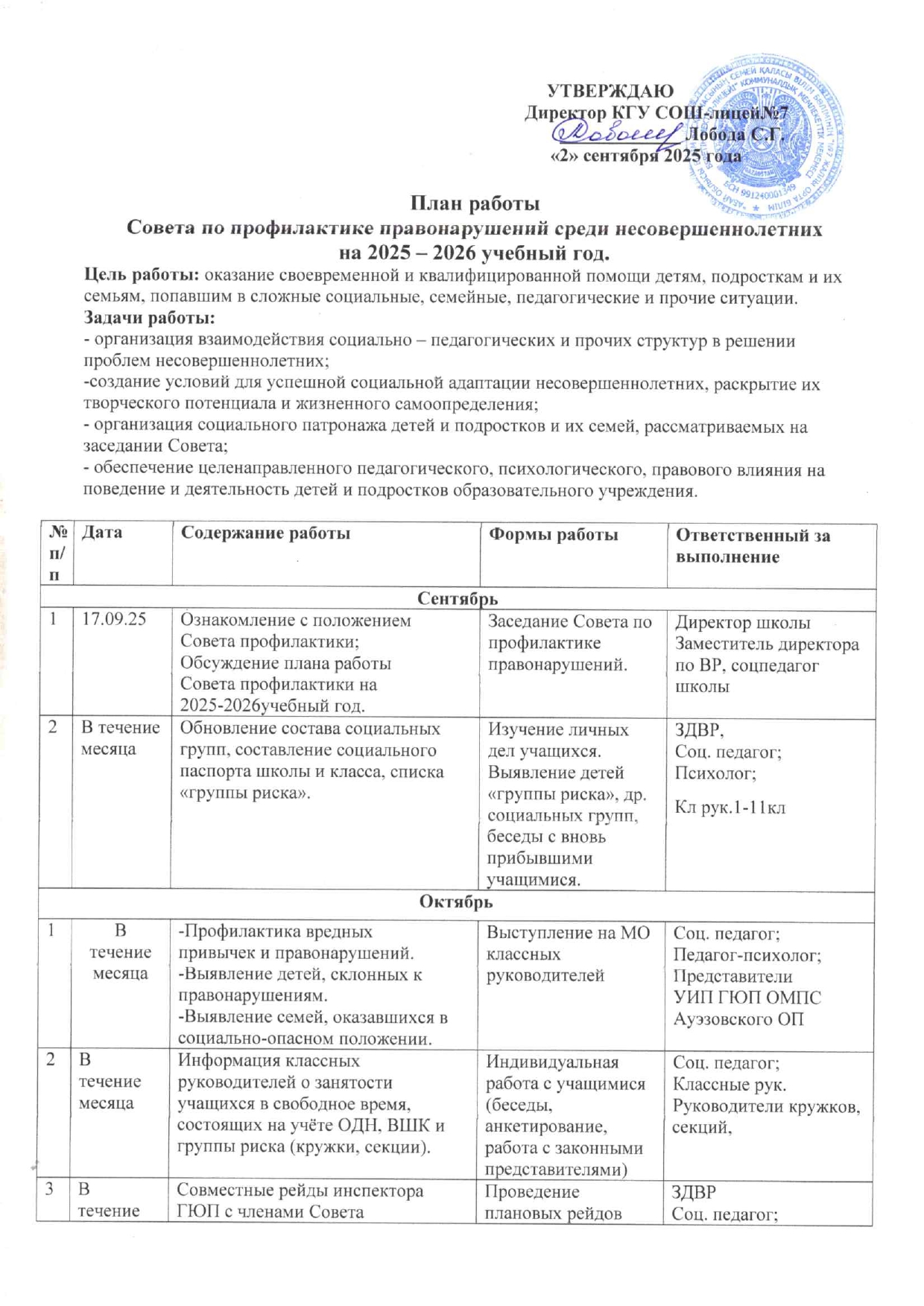План работы по профилактике правонарушений на 2025-2026 учебный год