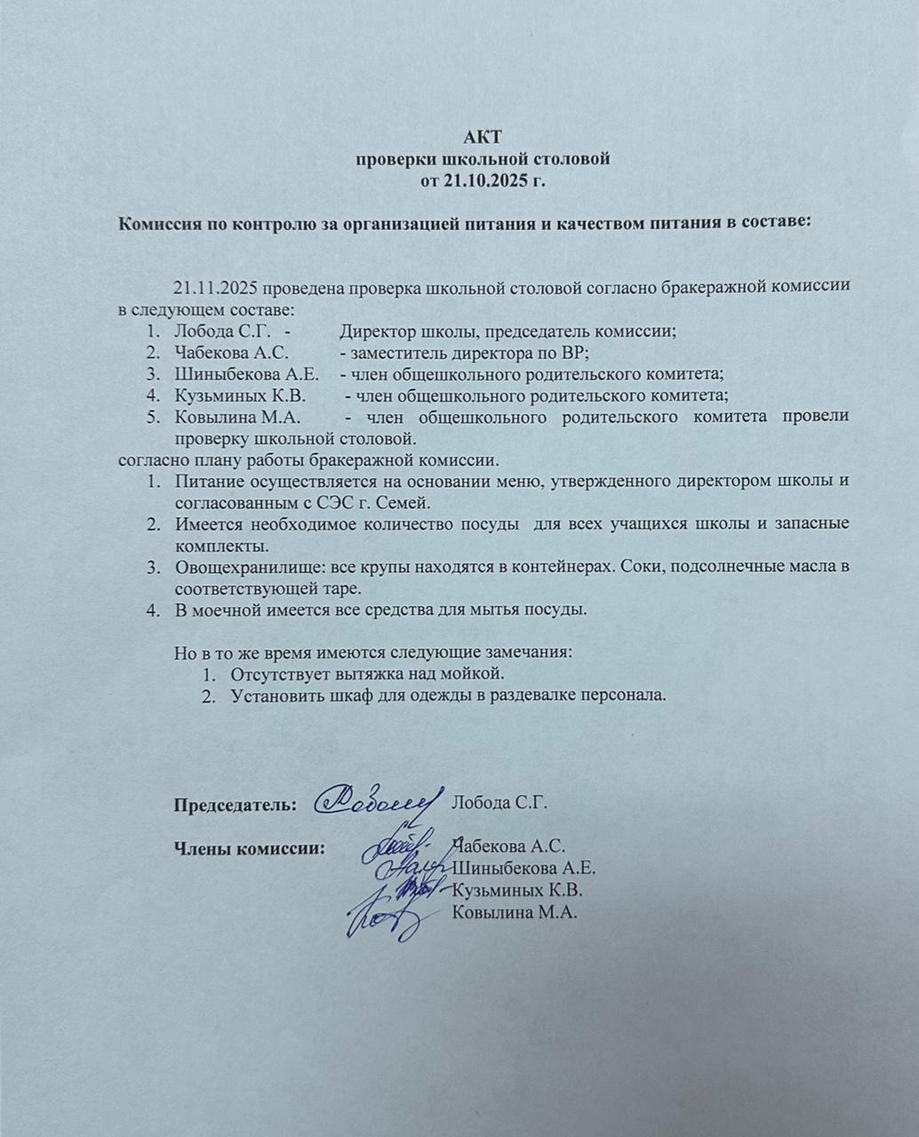Акт проверки школьной столовой